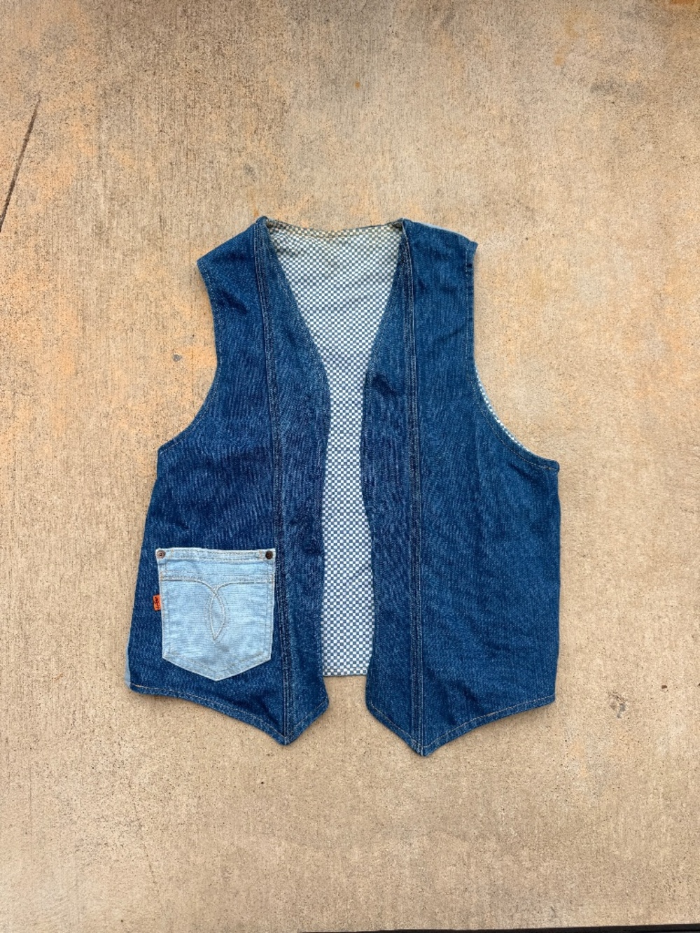 Vintage 1970s Levis Orange Tab Handmade Reworked Denim Vest Two Tone Blue
